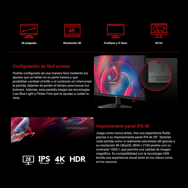 MONITOR GAMER OZONE DSP28 IPS 4K - 3