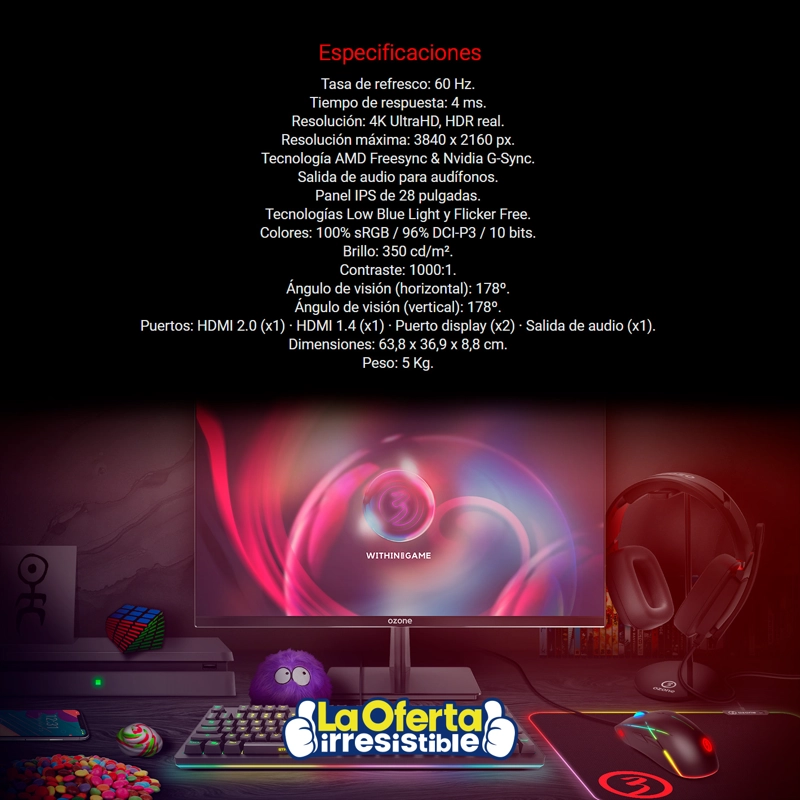 MONITOR GAMER OZONE DSP28 IPS 4K - 5