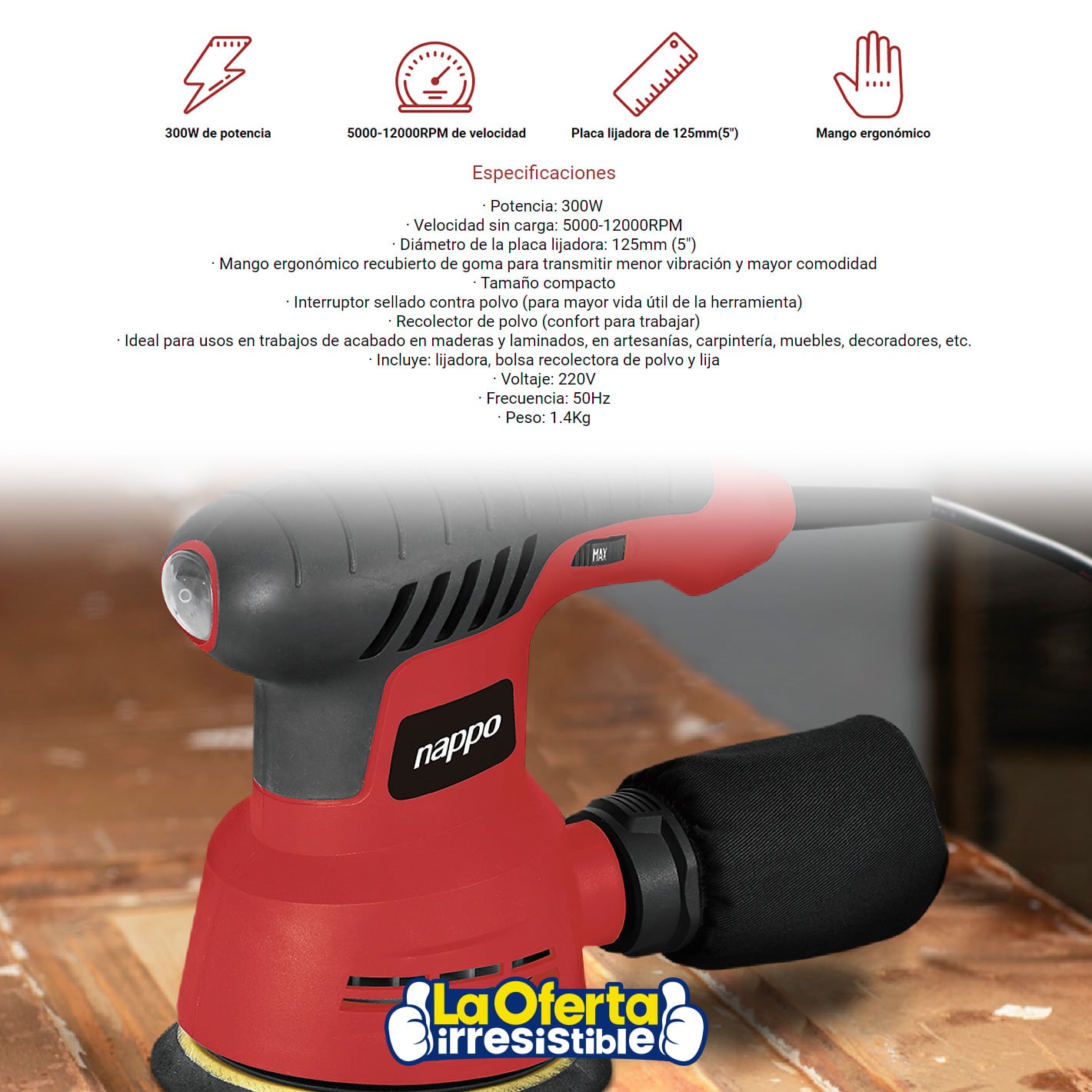 LIJADORA ROTO ORBITAL NAPPO 300W CON RECOLECTOR DE POLVO - 3