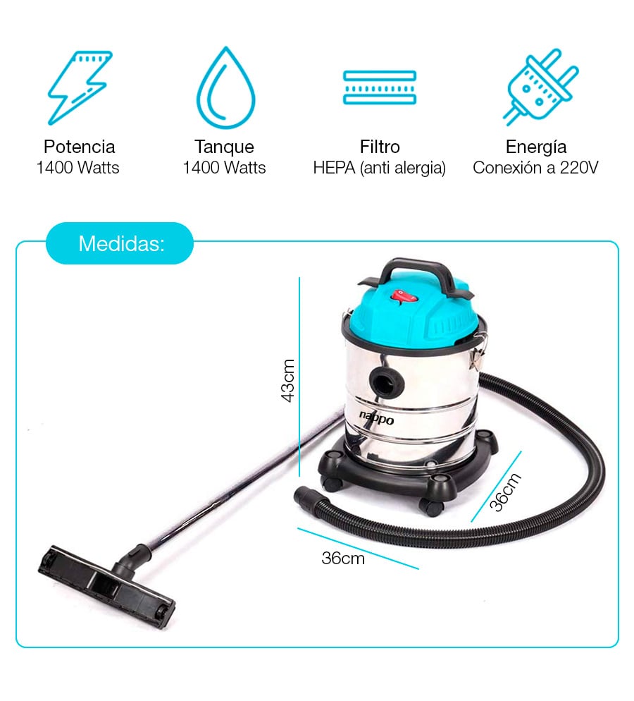 ASPIRADORA INDUSTRIAL NAPPO 1400W 20L POLVO Y LIQUIDOS - 3