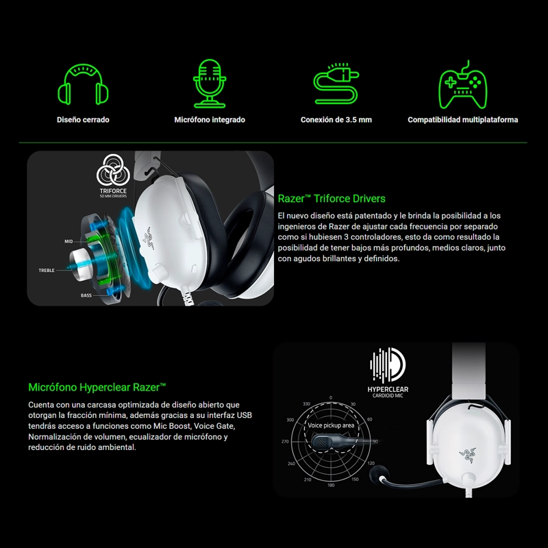 AUDÍFONOS GAMER RAZER HEADSET BLACKSHARK V2 X BLANCO - 6
