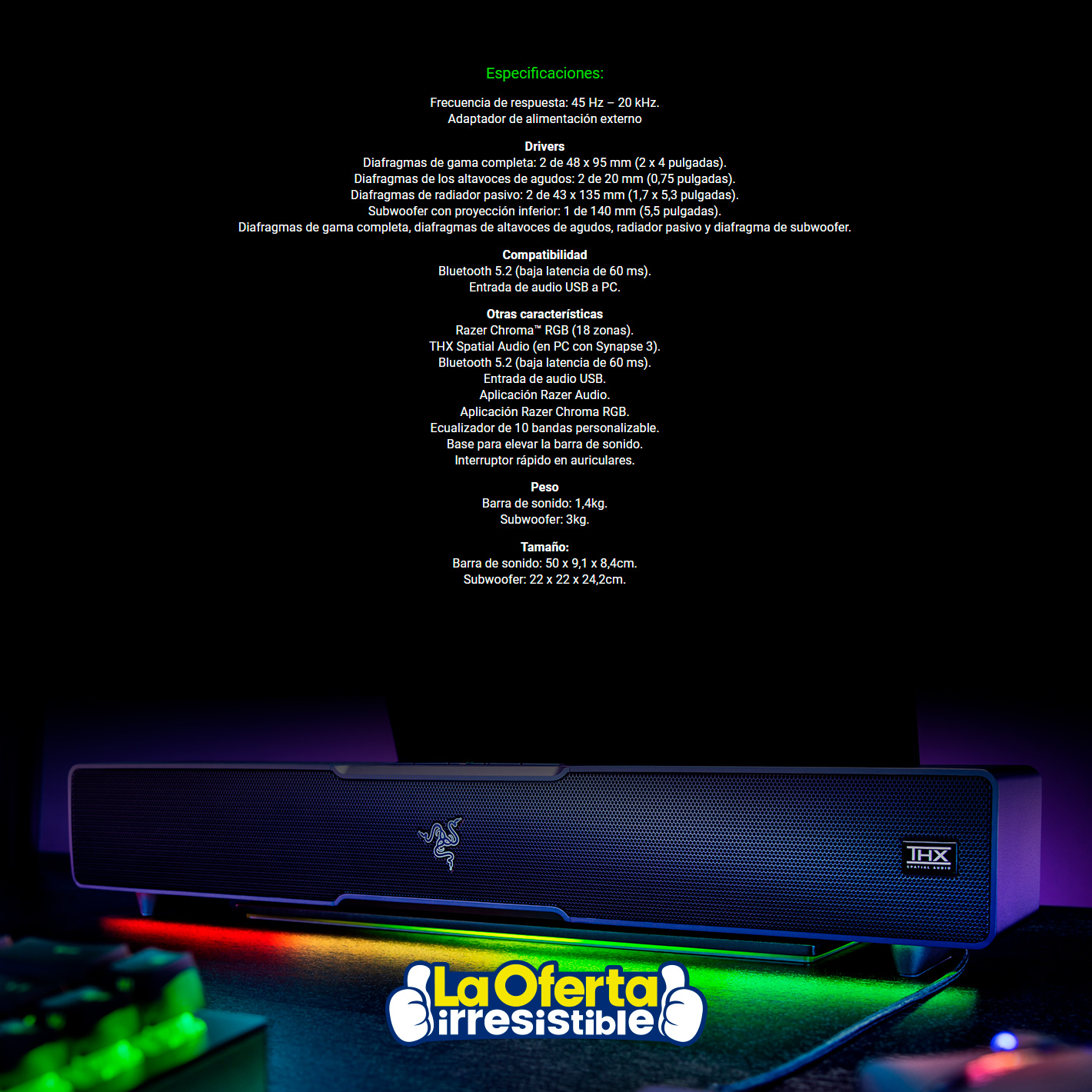 PARLANTE GAMER RAZER LEVIATHAN V2 SUBWOOFER 65W BLUETOOTH - 3