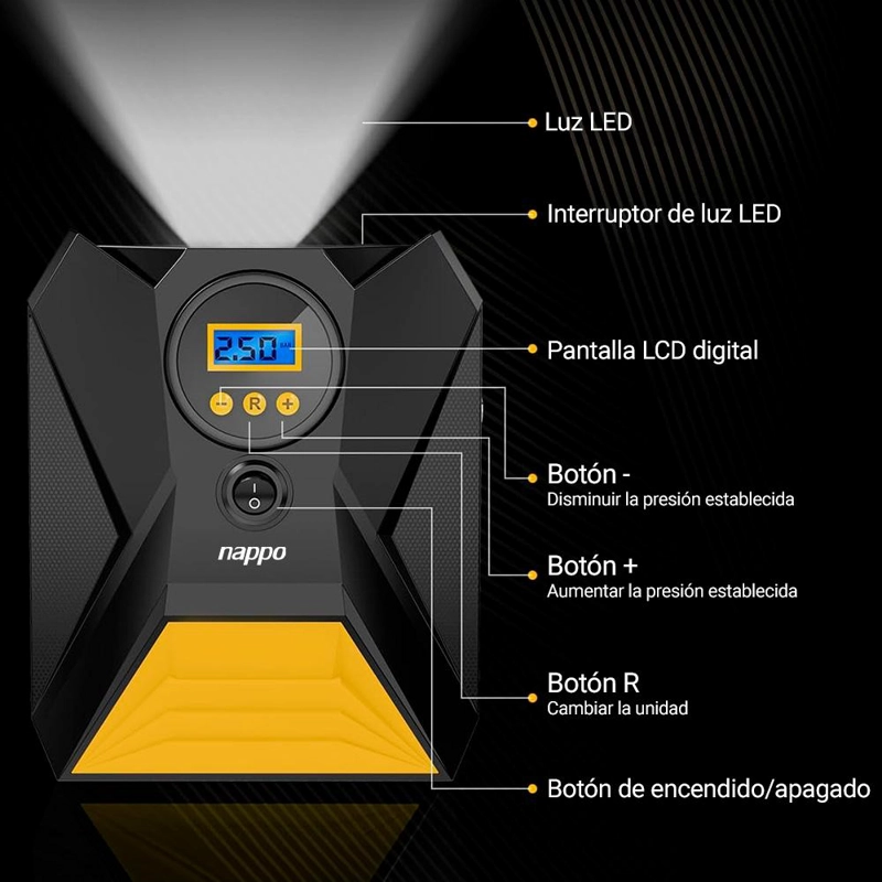 COMPRESOR DE AIRE PORTATIL NAPPO DIGITAL 120W INFLADO RAPIDO - 4