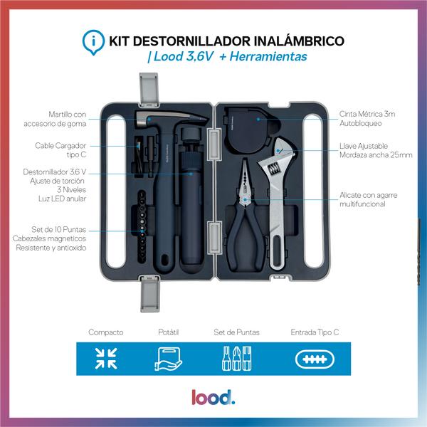 KIT DESTORNILLADOR INALÁMBRICO LOOD 3,6V + HERRAMIENTAS - 8