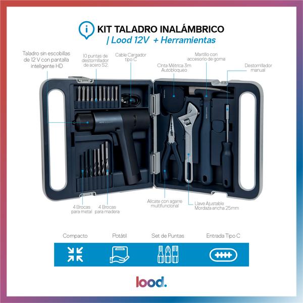 KIT TALADRO INALÁMBRICO LOOD 12V + HERRAMIENTAS - 7