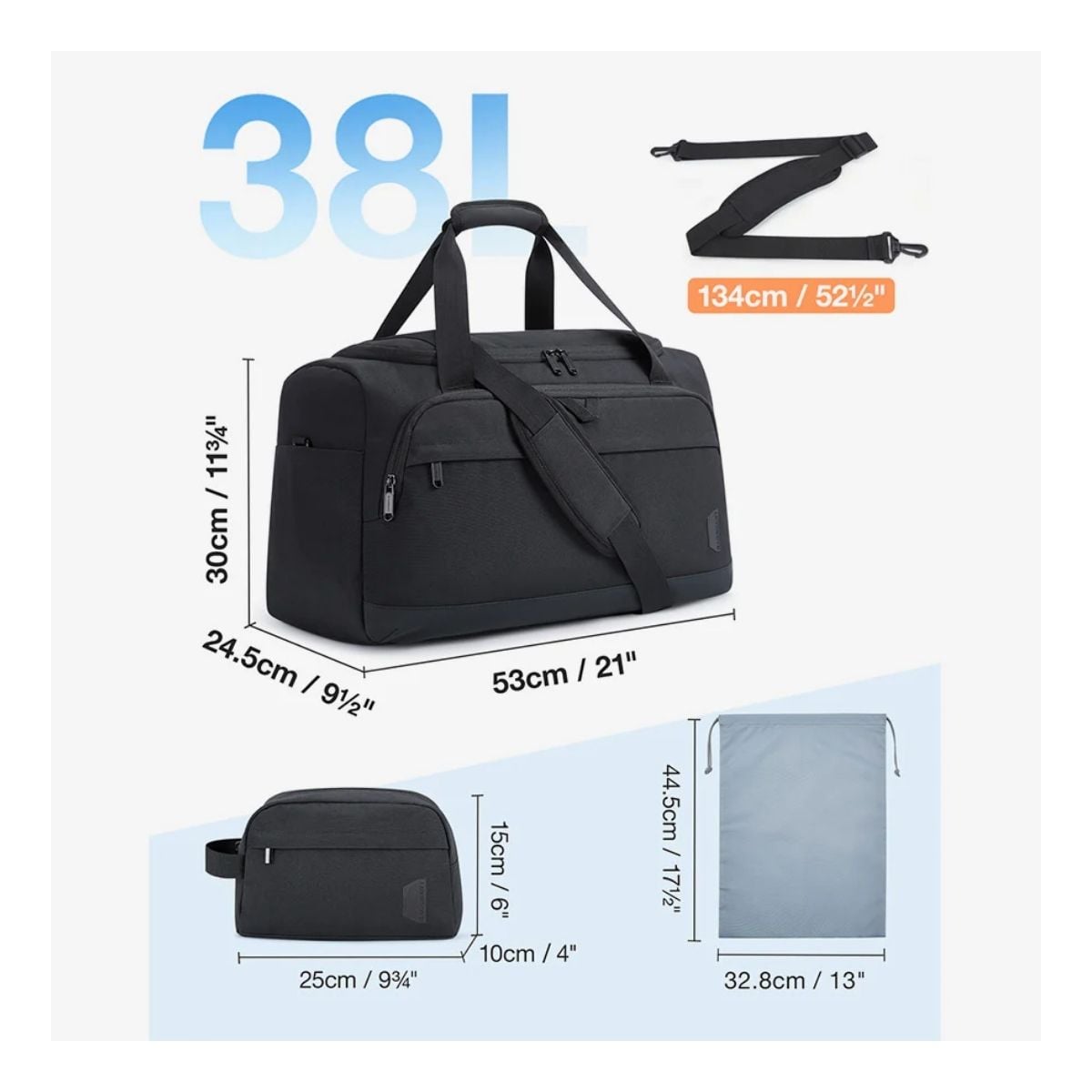 BAGSMART BOLSO DE VIAJE HOMBRE WEEKENDER 38L + NECESER - EN COLOR NEGRO - 4