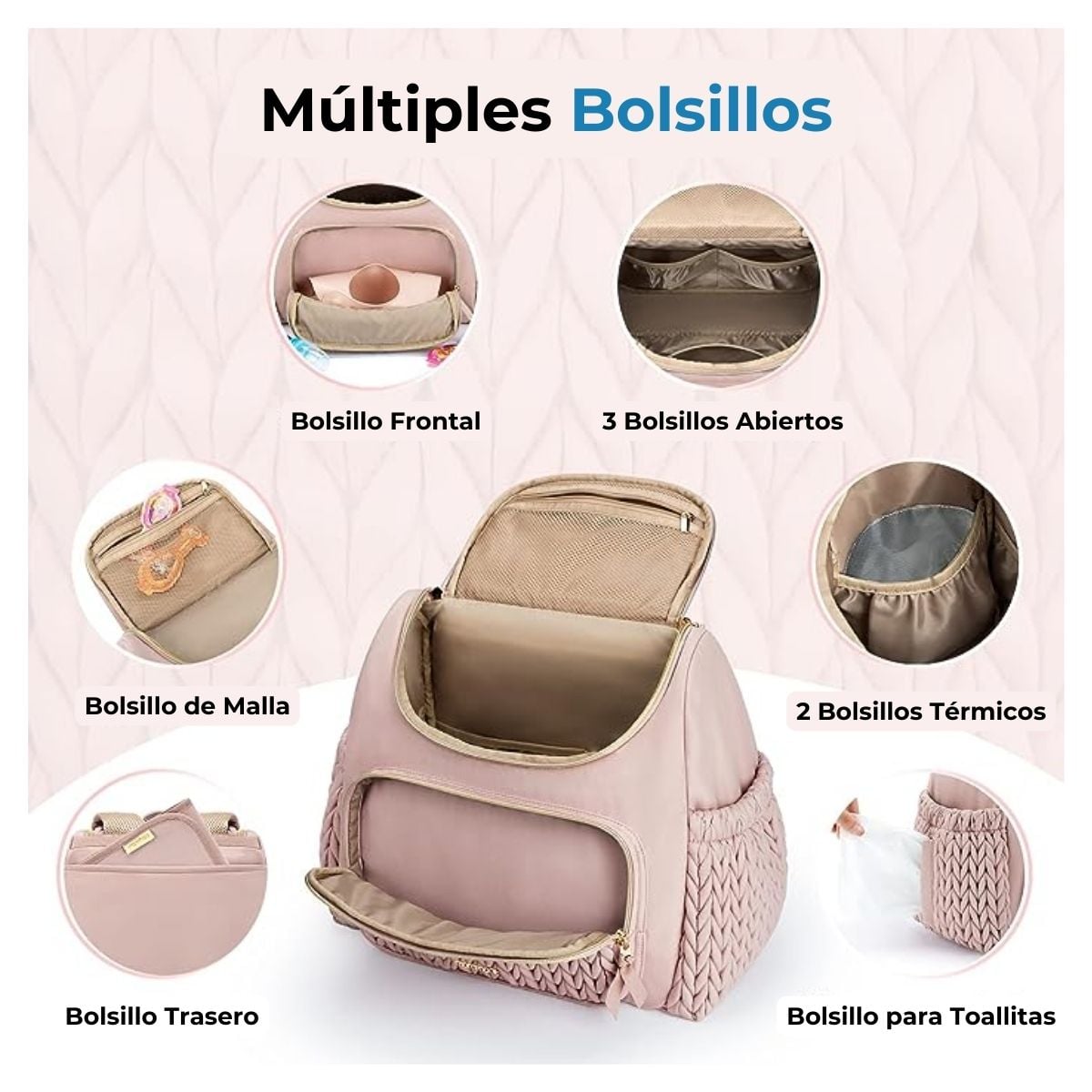 MOMMORE MOCHILA PAÑALERA ELEGANTE PEQUEÑA CON BOLSILLOS TÉRMICOS - ROSADO - 3