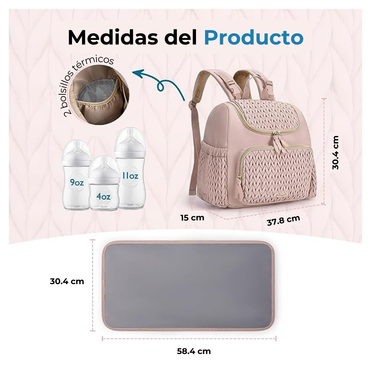 MOMMORE MOCHILA PAÑALERA ELEGANTE PEQUEÑA CON BOLSILLOS TÉRMICOS - ROSADO - 5