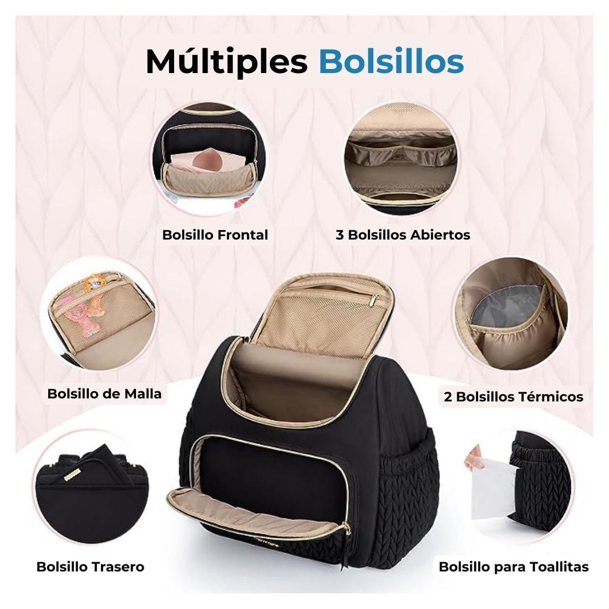 MOMMORE MOCHILA PAÑALERA ELEGANTE PEQUEÑA CON BOLSILLOS TÉRMICOS - EN COLOR NEGRO - 3