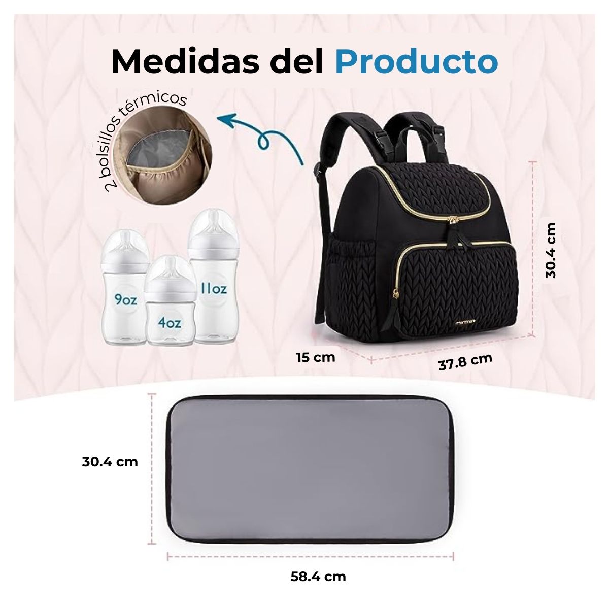 MOMMORE MOCHILA PAÑALERA ELEGANTE PEQUEÑA CON BOLSILLOS TÉRMICOS - EN COLOR NEGRO - 5