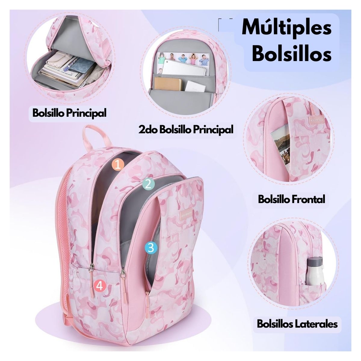 MOMMORE MOCHILA GRANDE PARA NIÑOS EDUCACIÓN BÁSICA 28L - ROSADO - 3