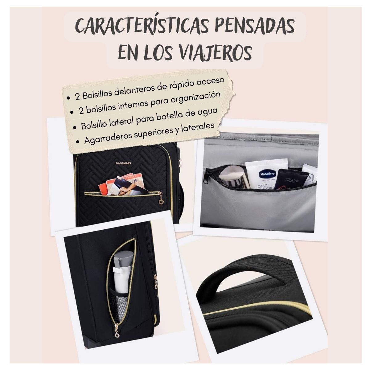 BAGSMART MALETA DE MANO ACOLCHADA BONCHEMIN EXPANDIBLE 43L-51L - NEGRO - 4