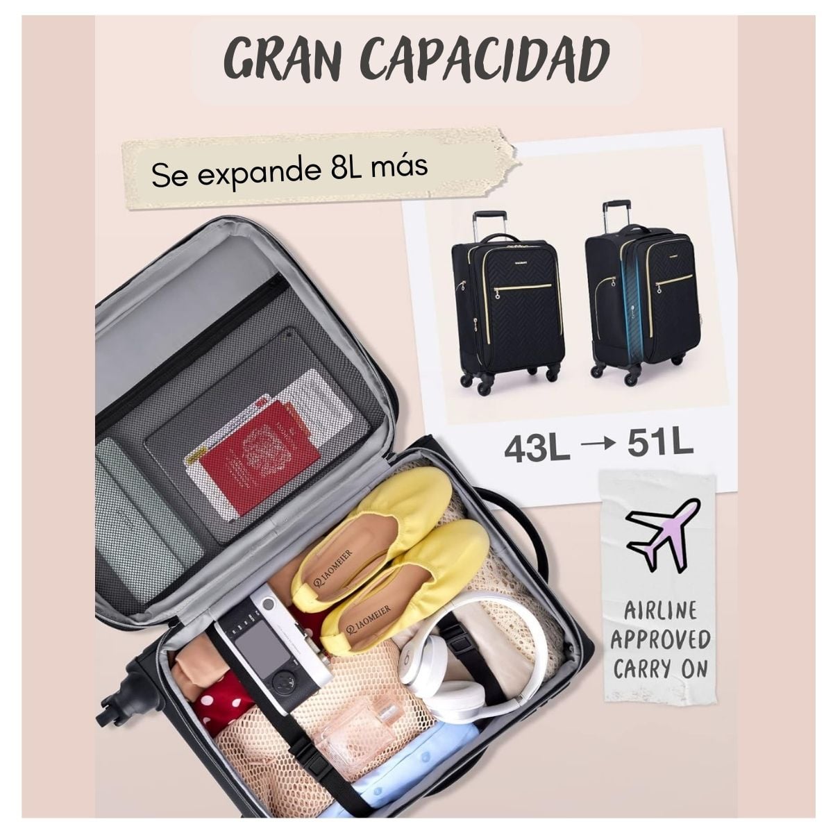 BAGSMART MALETA DE MANO ACOLCHADA BONCHEMIN EXPANDIBLE 43L-51L - NEGRO - 5