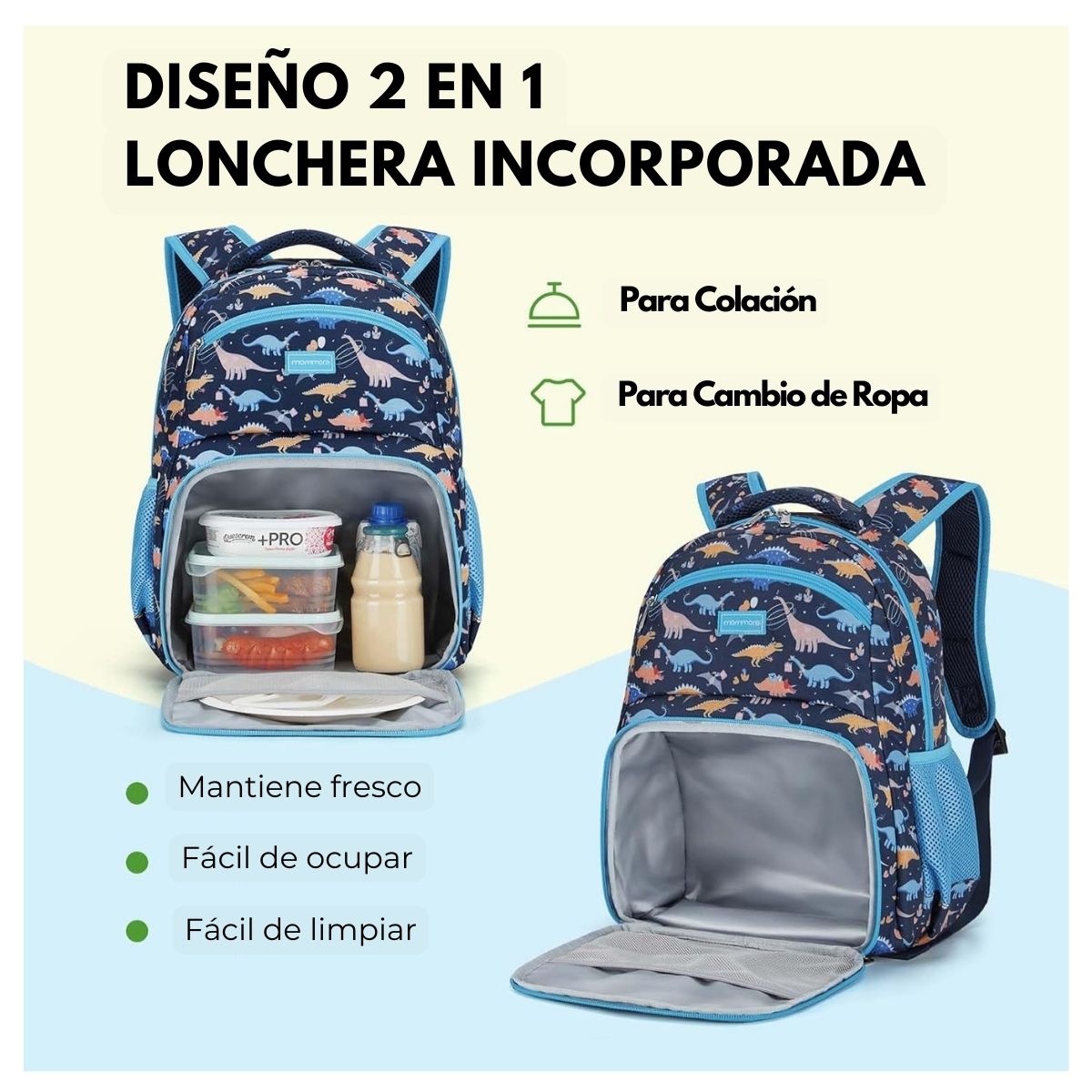 MOMMORE MOCHILA 2 EN 1 PARA NIÑOS PEQUEÑOS 12L - AZUL DINOSAURIOS - 3