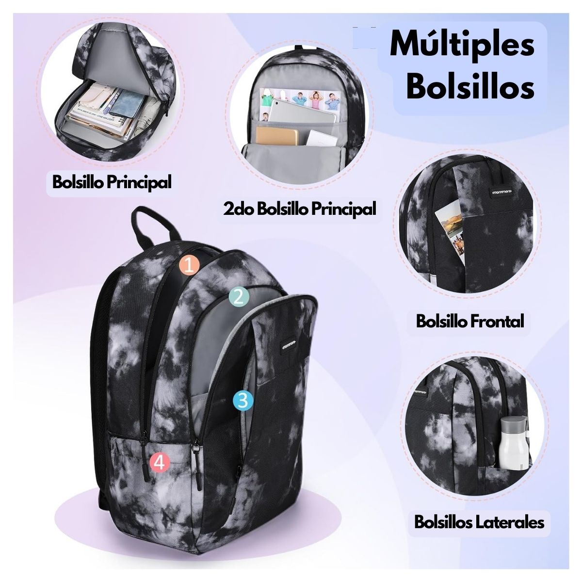 MOMMORE MOCHILA GRANDE PARA NIÑOS EDUCACIÓN BÁSICA 28L - BLANCO Y NEGRO - 3