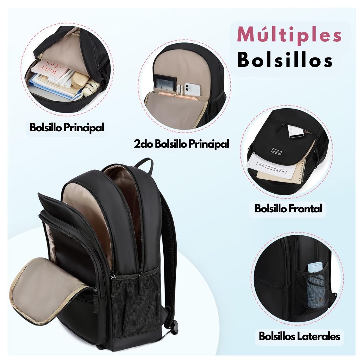 MOMMORE MOCHILA ESCOLAR GRANDE 3 COMPARTIMIENTOS 20L - NEGRO - 2
