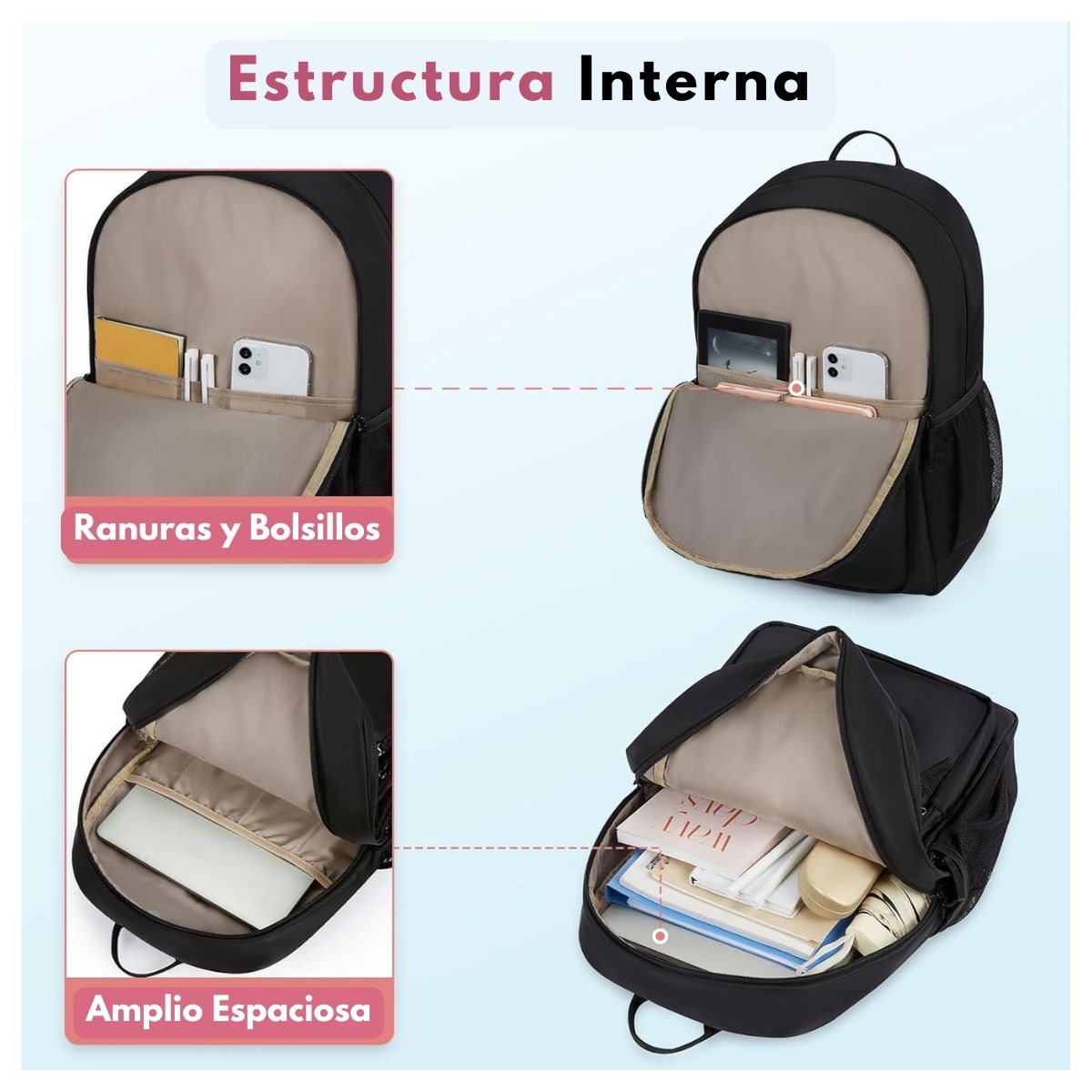 MOMMORE MOCHILA ESCOLAR GRANDE 3 COMPARTIMIENTOS 20L - NEGRO - 4