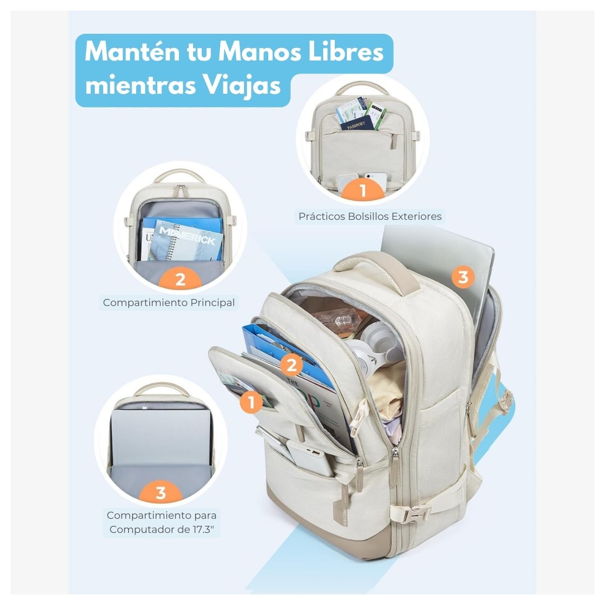 Bagsmart Mochila Falco 30 L - 40 L Expandible + 3 Organizadores Beige - 3