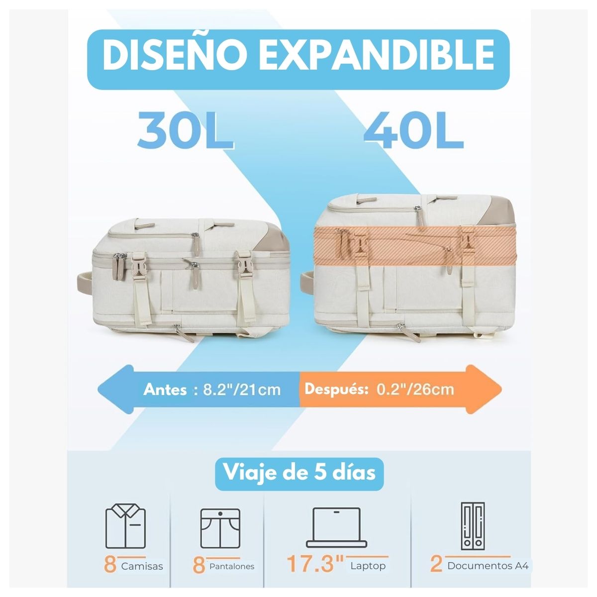 Bagsmart Mochila Falco 30 L - 40 L Expandible + 3 Organizadores Beige - 5