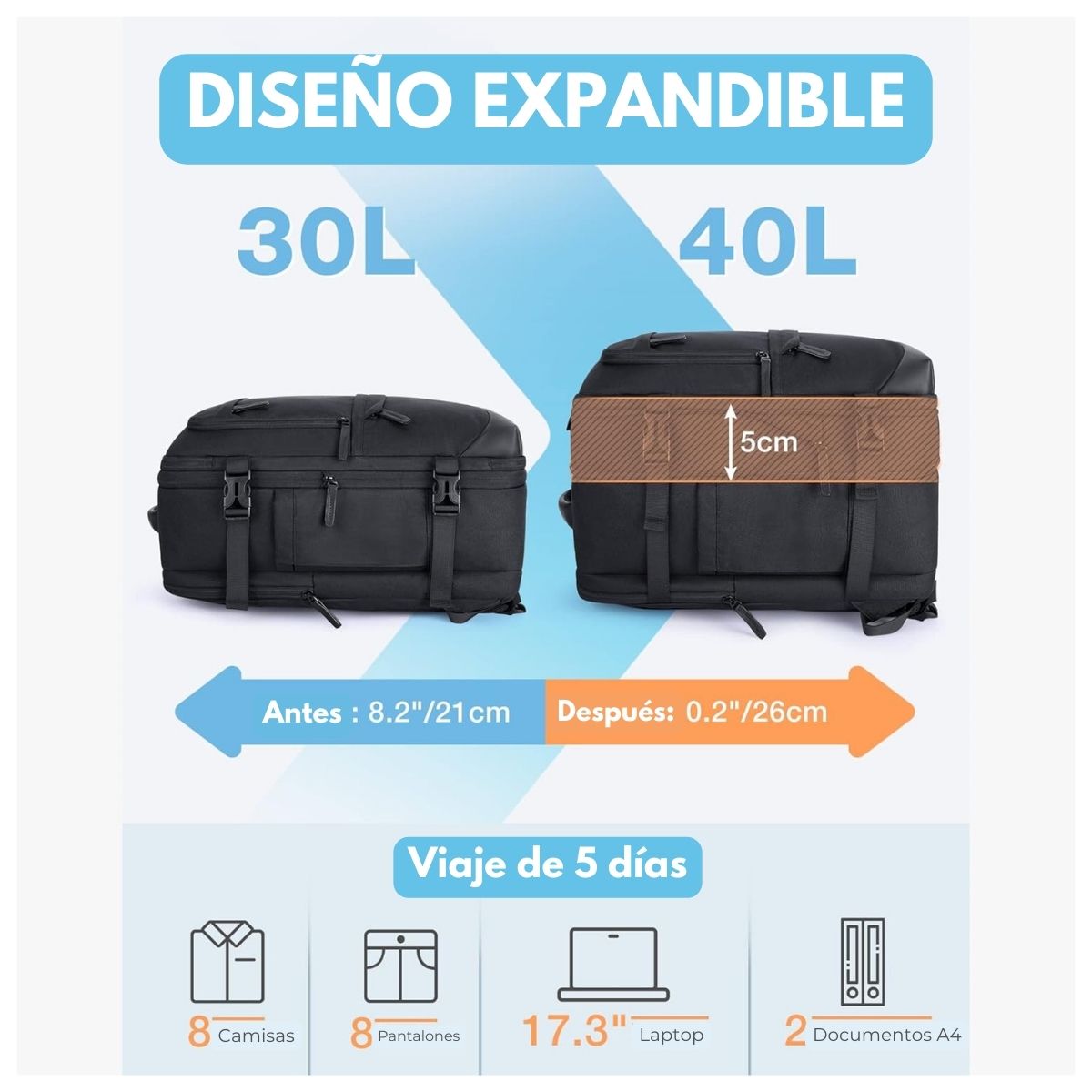 Bagsmart Mochila Falco 30 L - 40 L Expandible + 3 Organizadores Negro - 5