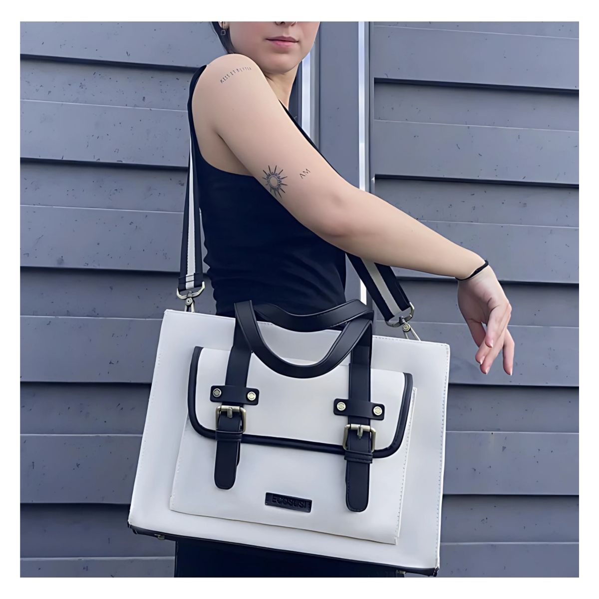 ECOSUSI BOLSO TOTE LIENZO DE OLIVIA PARA NOTEBOOK 13' - BLANCO Y NEGRO - 2