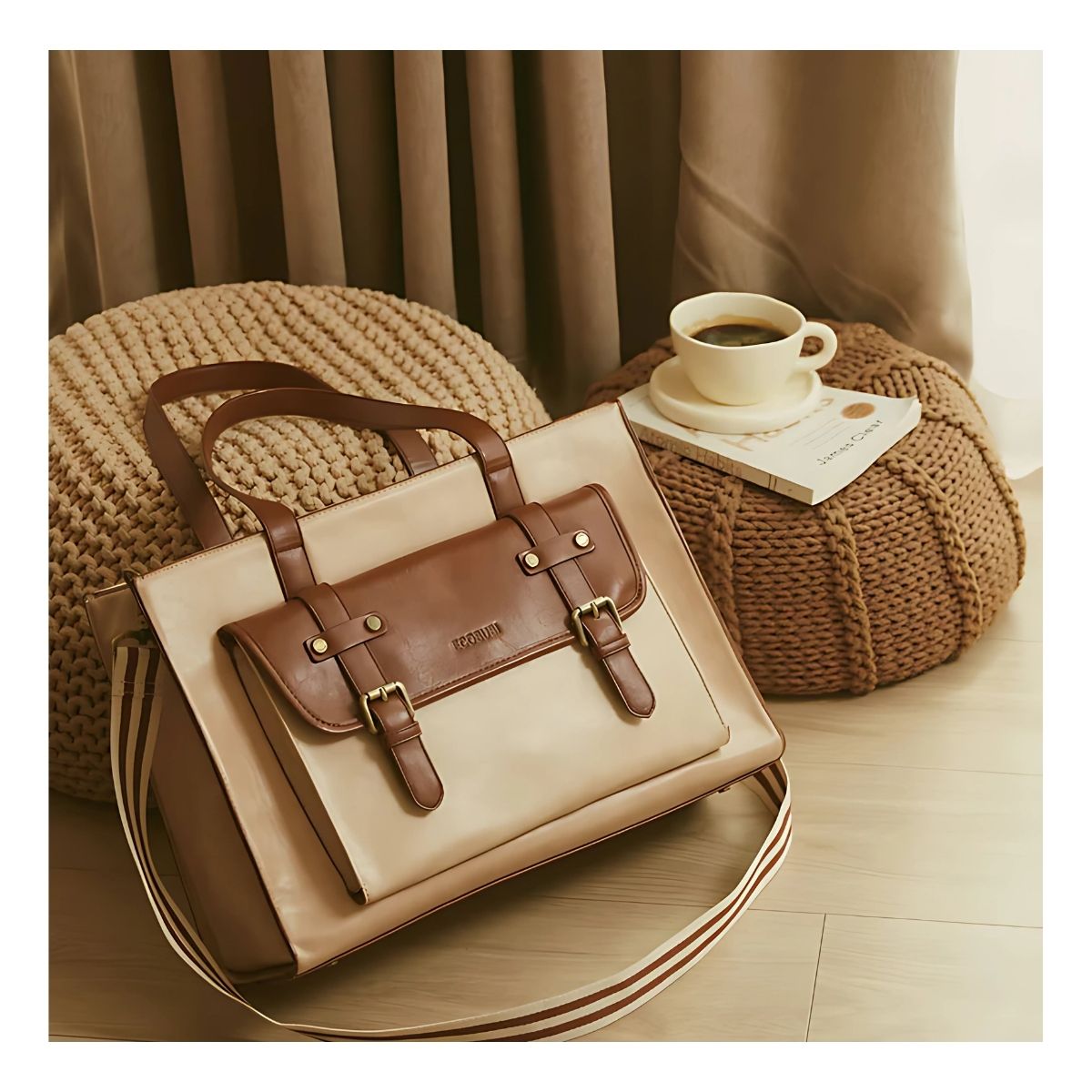 ECOSUSI BOLSO TOTE OLIVIA PARA NOTEBOOK 15.6' - BEIGE Y MARRÓN - 7