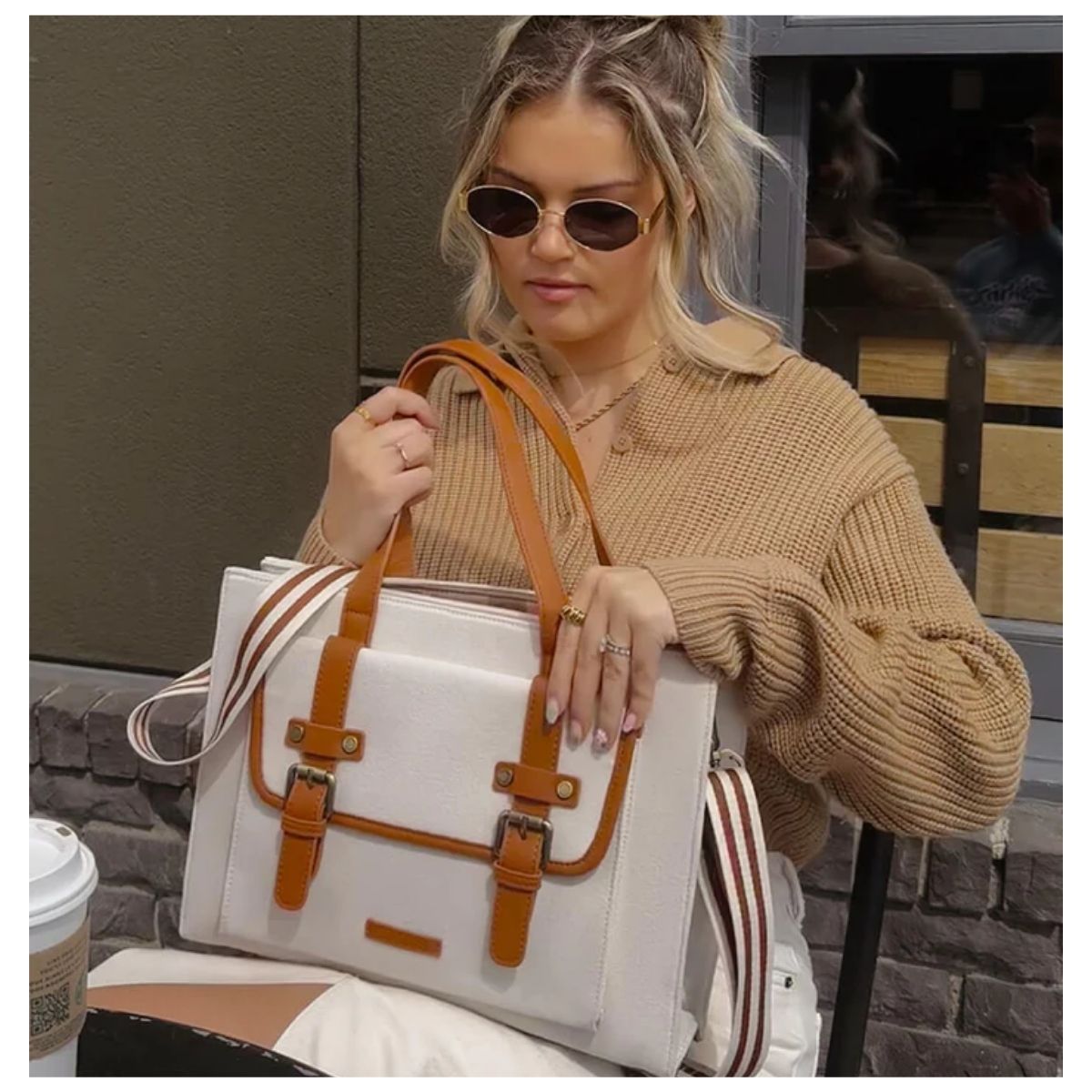 ECOSUSI BOLSO TOTE LIENZO DE OLIVIA PARA NOTEBOOK 13' -BLANCO Y MARRÓN - 2
