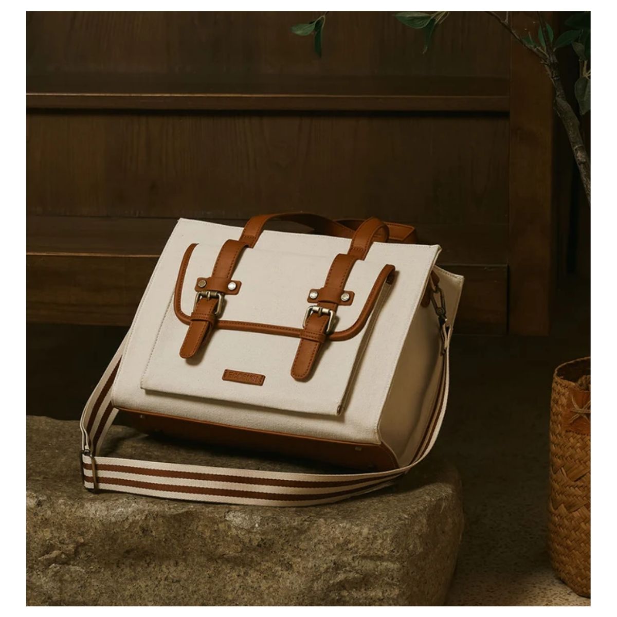ECOSUSI BOLSO TOTE LIENZO DE OLIVIA PARA NOTEBOOK 13' -BLANCO Y MARRÓN - 7