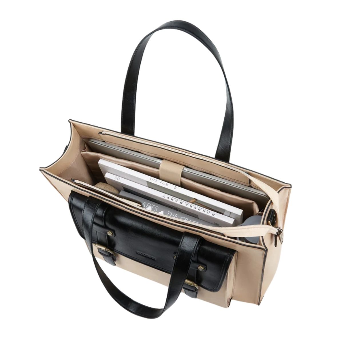ECOSUSI BOLSO TOTE OLIVIA PARA NOTEBOOK 15.6' - BEIGE Y NEGRO - 4