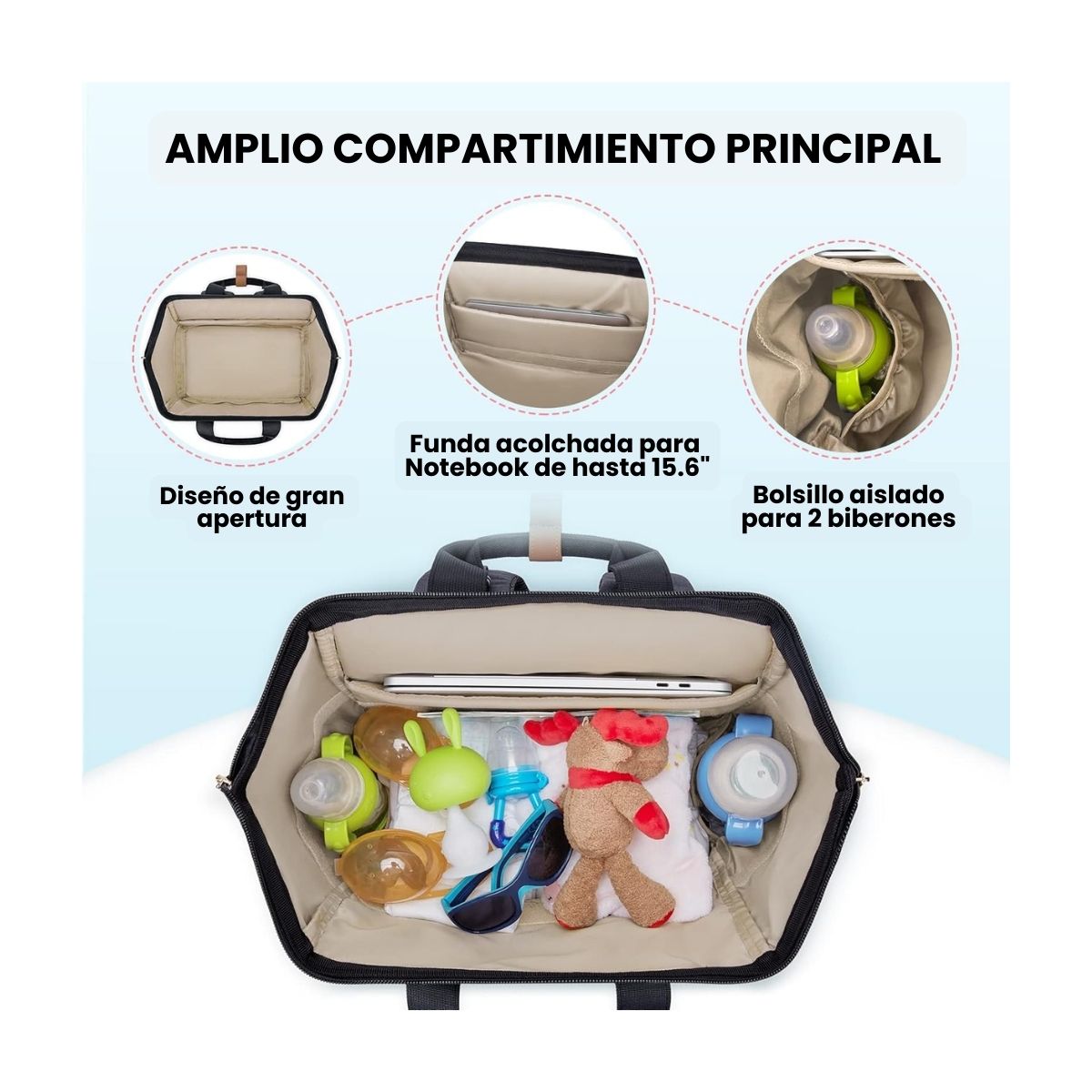 MOMMORE MOCHILA PARA EXTRACTOR DE LECHE PARA NOTEBOOK DE 15,6' - NEGRO - 5