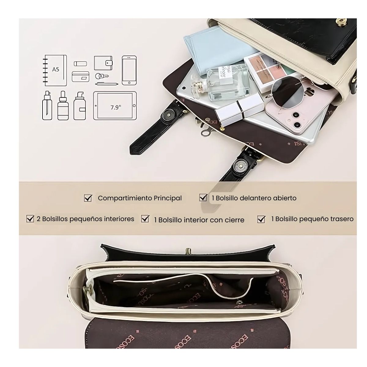 ECOSUSI MALETÍN PEQUEÑO COFFEE PARA IPAD MINI 7,9' - NEGRO Y BEIGE - 4