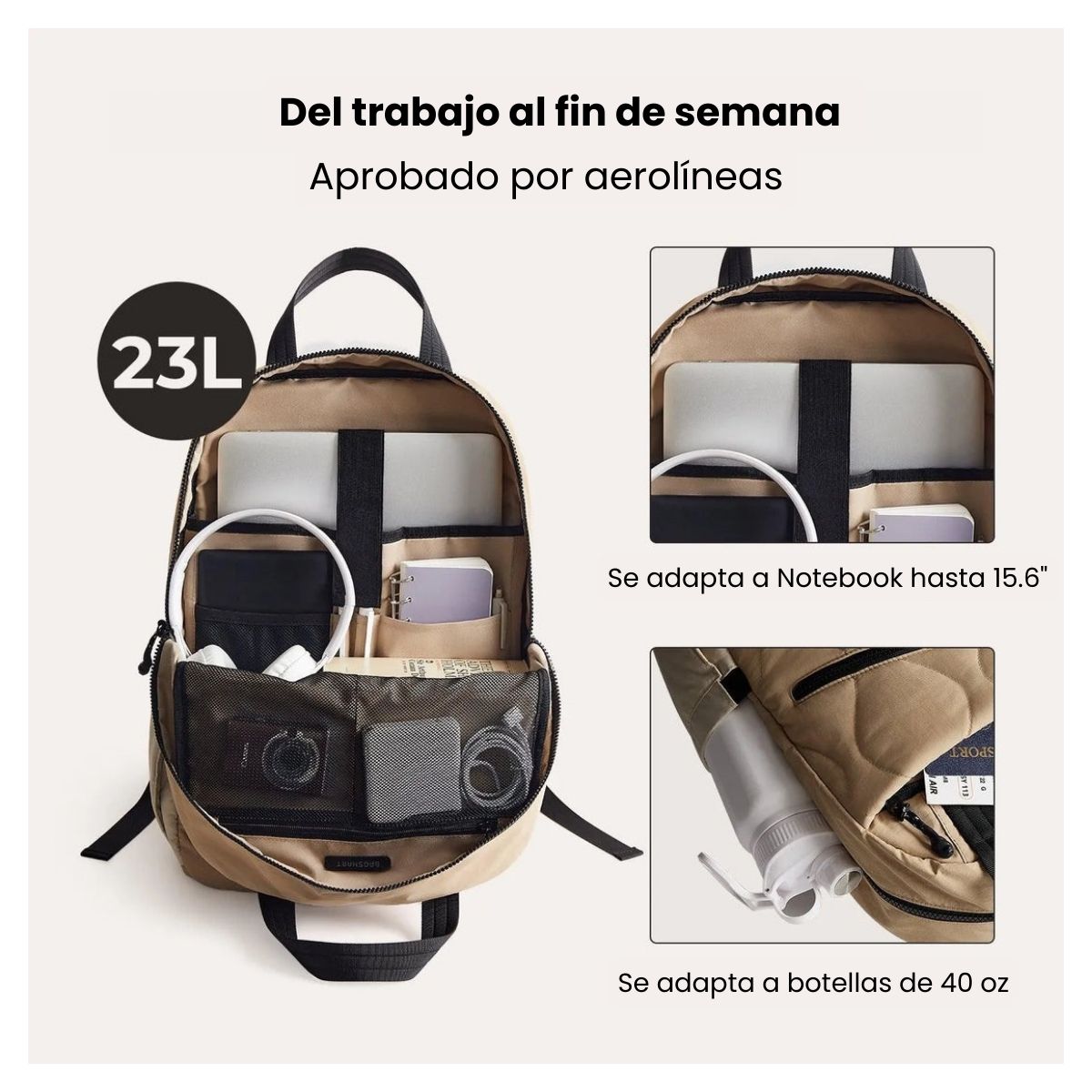 Bagsmart Mochila de Trabajo Paz 23 L para Notebook 15,6″ Arena - 5