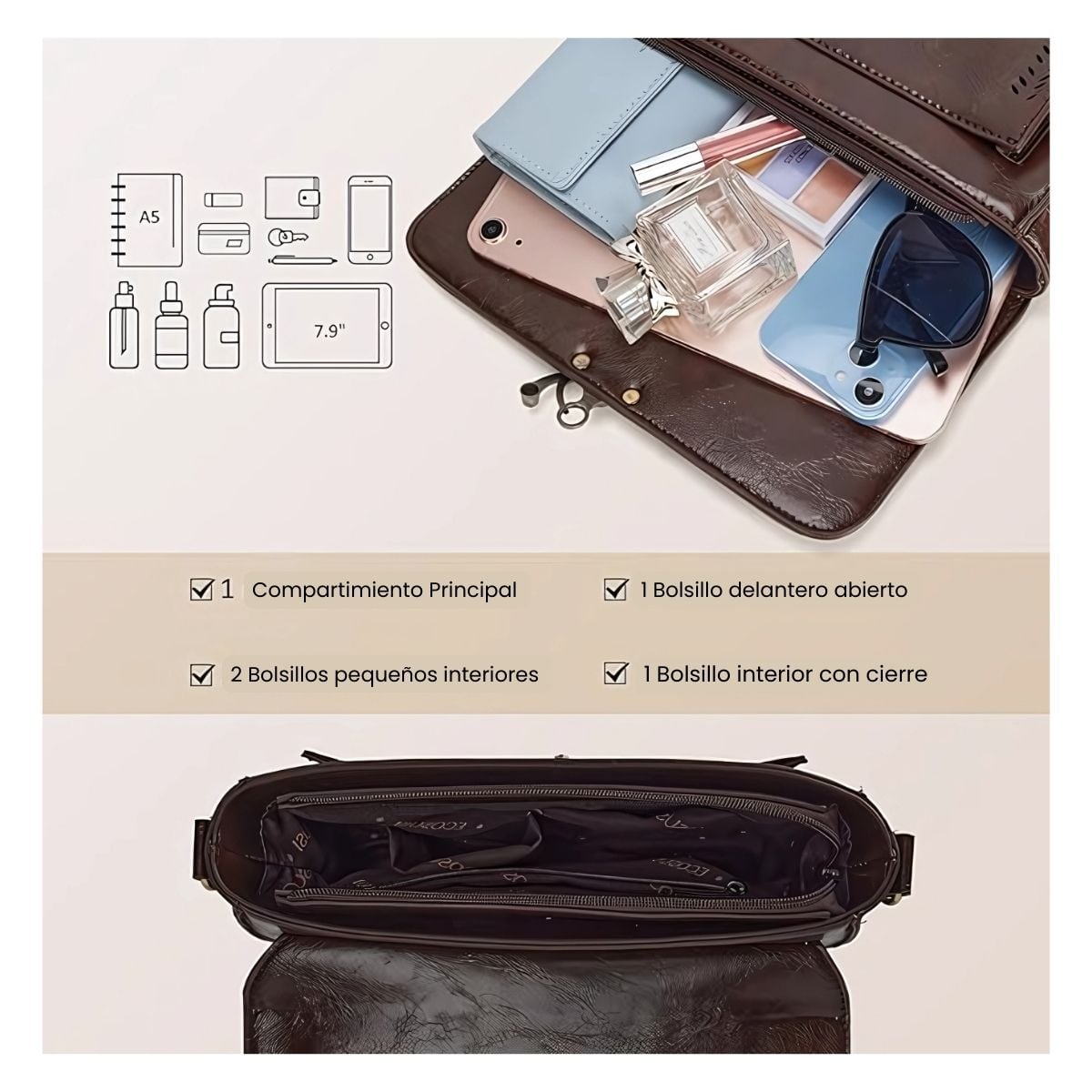ECOSUSI BOLSO BANDOLERA PERFORADO PARA MUJER IPAD MINI 7,9'- CAFÉ OSCURO - 5