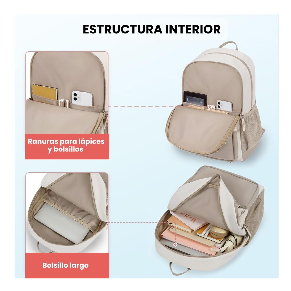 MOMMORE MOCHILA ESCOLAR GRANDE 3 COMPARTIMIENTOS 20L - CAQUI - 3