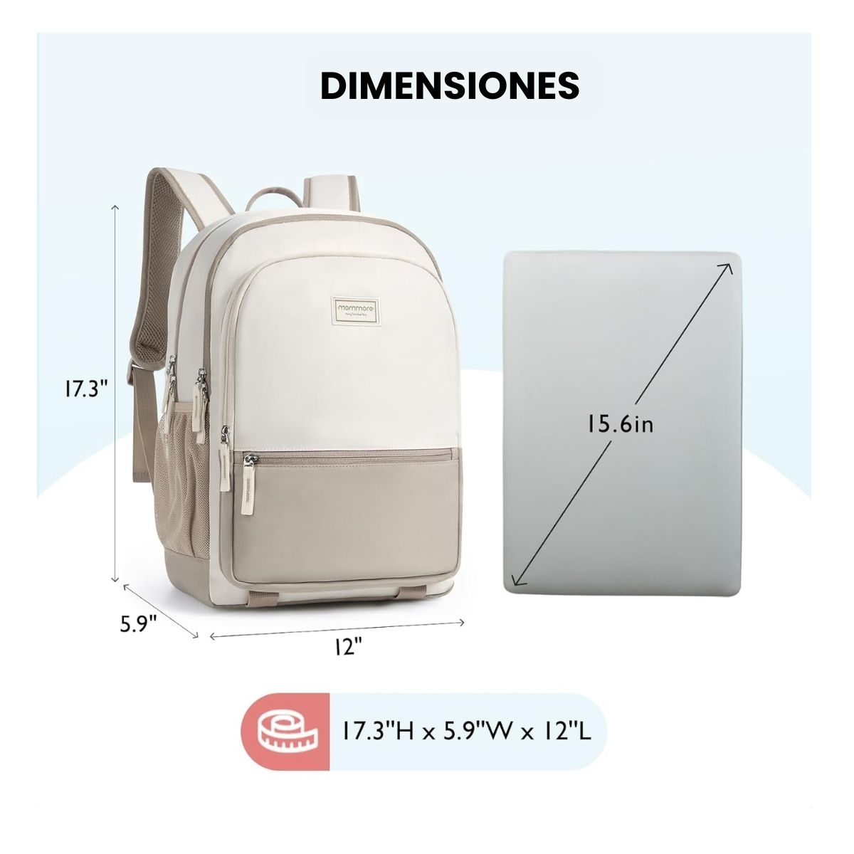 MOMMORE MOCHILA ESCOLAR GRANDE 3 COMPARTIMIENTOS 20L - CAQUI - 5