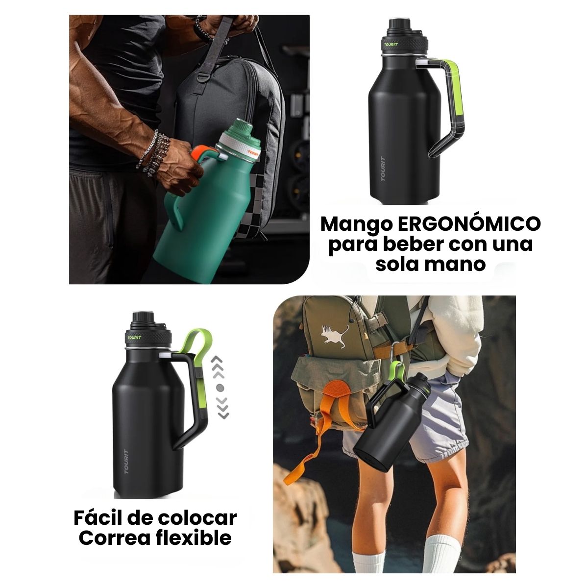 TOURIT BOTELLA DE AGUA TÉRMICA DEPORTIVA ANTI DERRAMES CON ASA 64OZ- NEGRO - 2