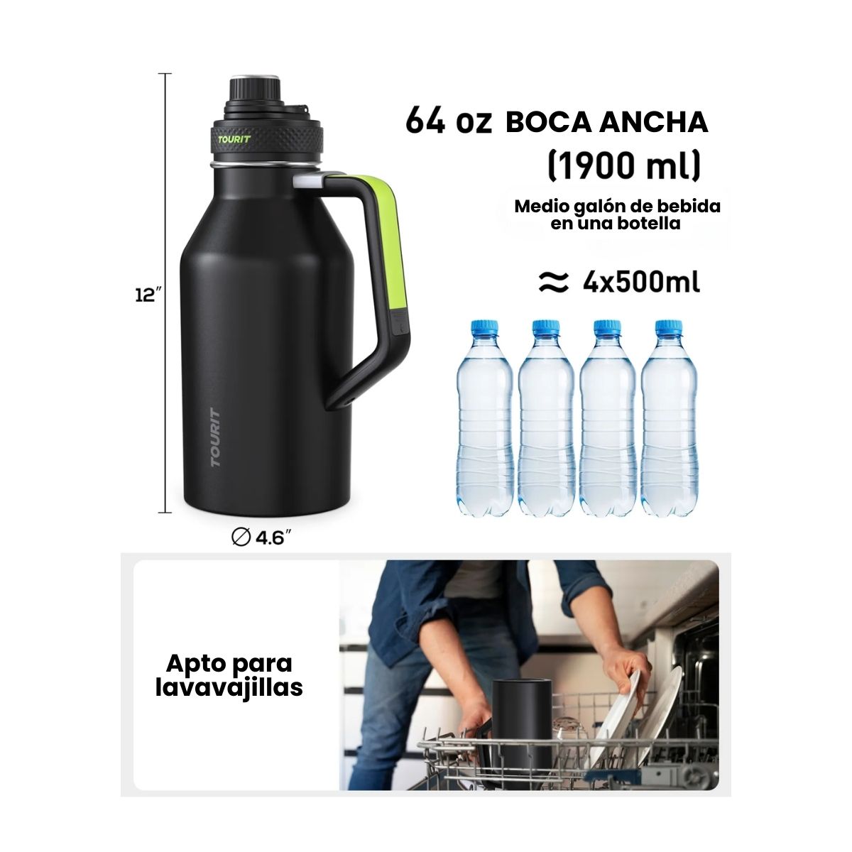 TOURIT BOTELLA DE AGUA TÉRMICA DEPORTIVA ANTI DERRAMES CON ASA 64OZ- NEGRO - 4