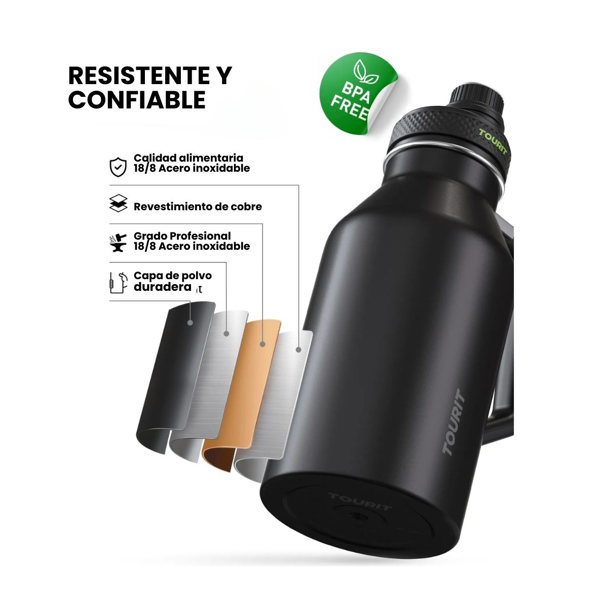 TOURIT BOTELLA DE AGUA TÉRMICA DEPORTIVA ANTI DERRAMES CON ASA 64OZ- NEGRO - 5