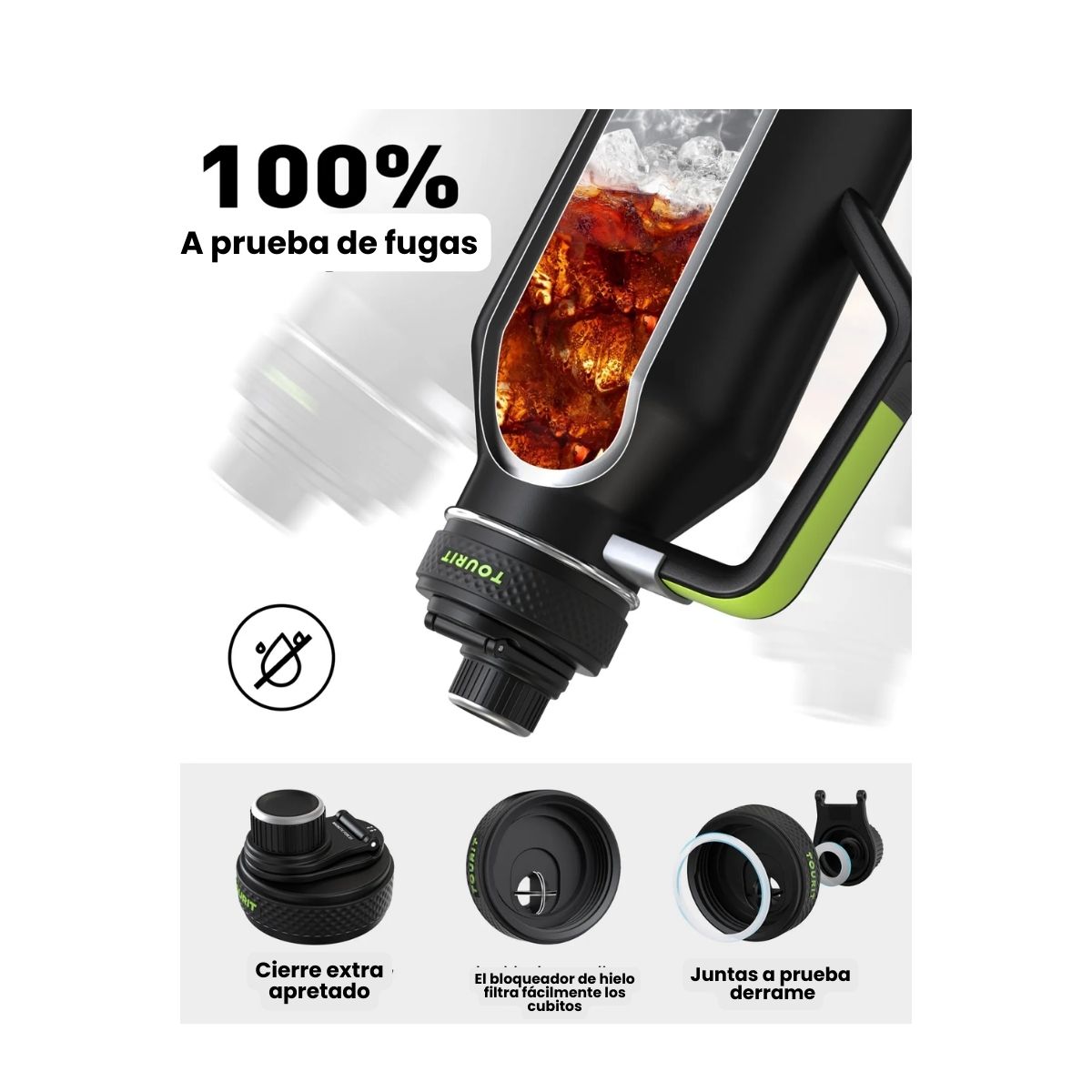 TOURIT BOTELLA DE AGUA TÉRMICA DEPORTIVA ANTI DERRAMES CON ASA 64OZ- NEGRO - 6