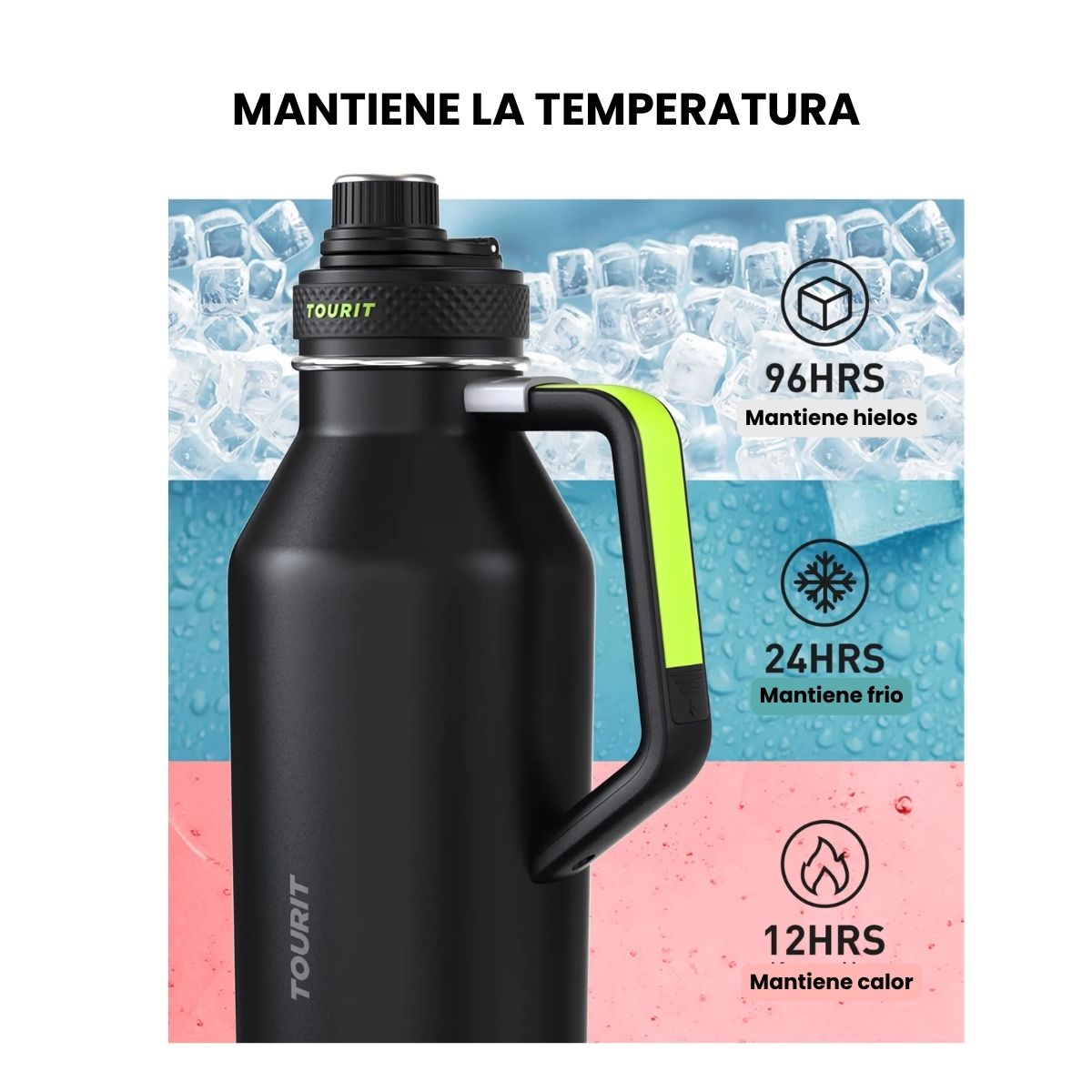 TOURIT BOTELLA DE AGUA TÉRMICA DEPORTIVA ANTI DERRAMES CON ASA 64OZ- NEGRO - 7