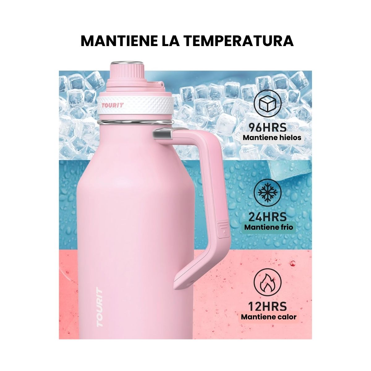 TOURIT BOTELLA DE AGUA TÉRMICA DEPORTIVA ANTI DERRAMES CON ASA 64OZ - ROSADO - 2