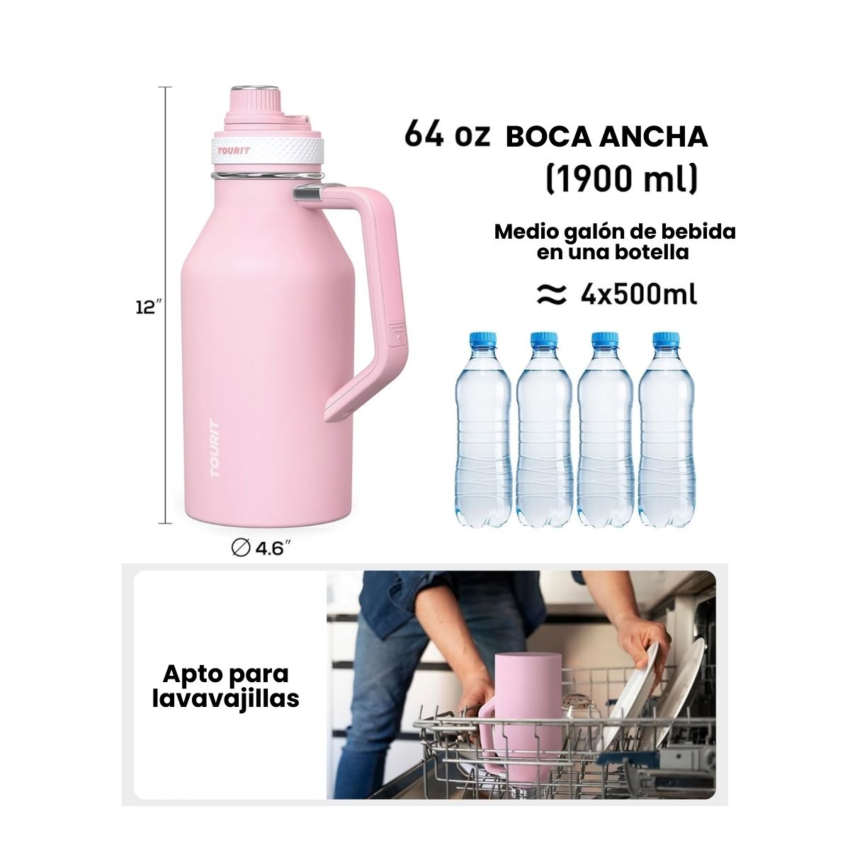 TOURIT BOTELLA DE AGUA TÉRMICA DEPORTIVA ANTI DERRAMES CON ASA 64OZ - ROSADO - 3
