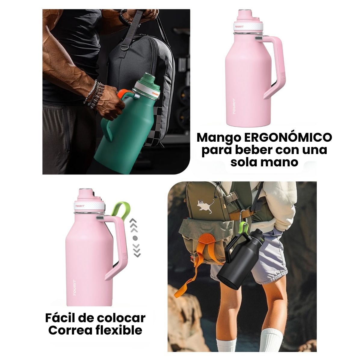 TOURIT BOTELLA DE AGUA TÉRMICA DEPORTIVA ANTI DERRAMES CON ASA 64OZ - ROSADO - 7