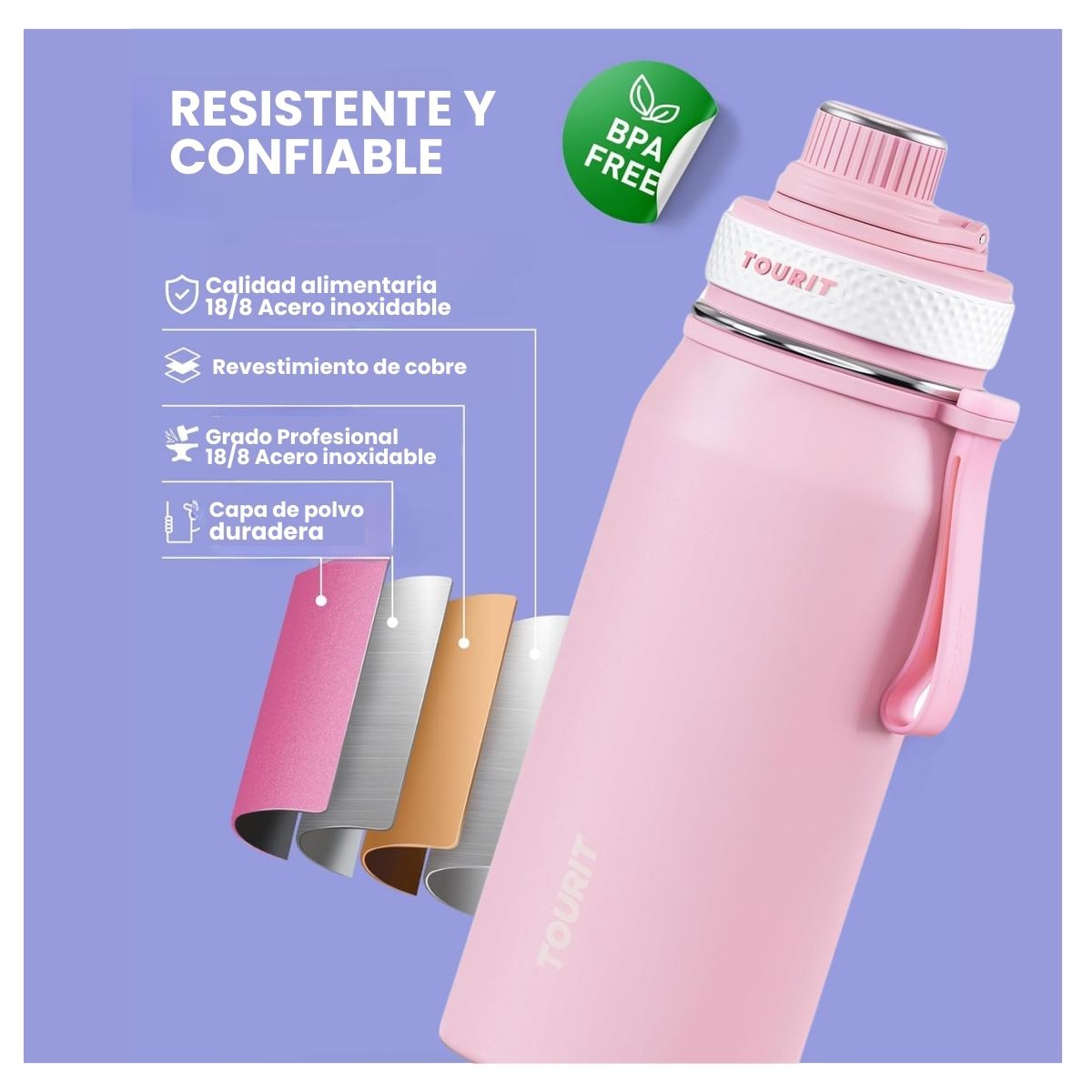 TOURIT BOTELLA DE AGUA TÉRMICA DEPORTIVA 32OZ - ROSADO - 2