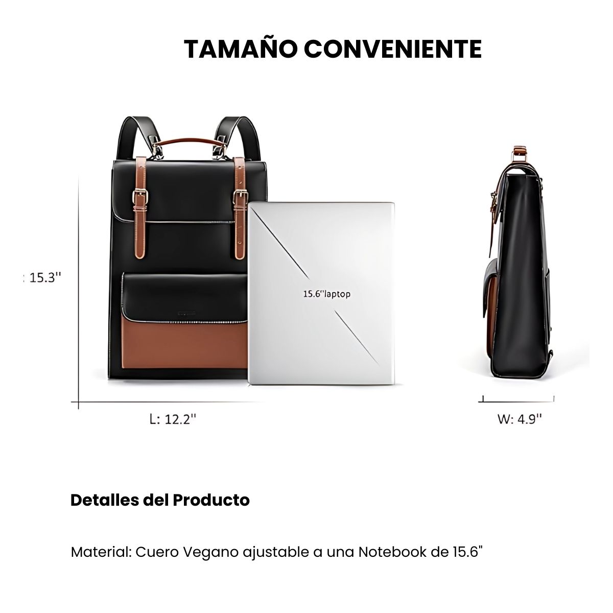ECOSUSI MOCHILA VINTAGE CAMELLIA PARA NOTEBOOK 15,6' - NEGRO Y MARRÓN - 3