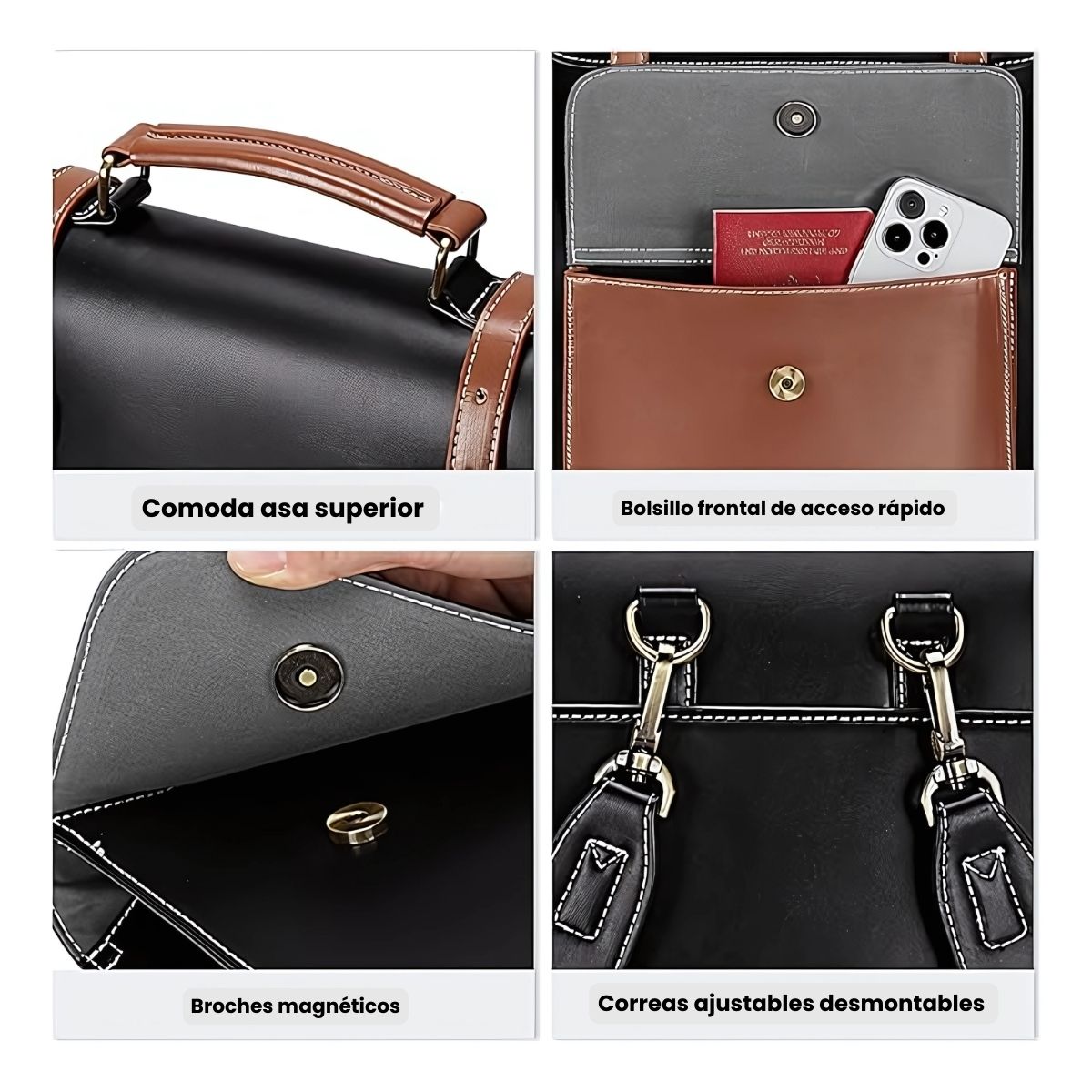 ECOSUSI MOCHILA VINTAGE CAMELLIA PARA NOTEBOOK 15,6' - NEGRO Y MARRÓN - 4
