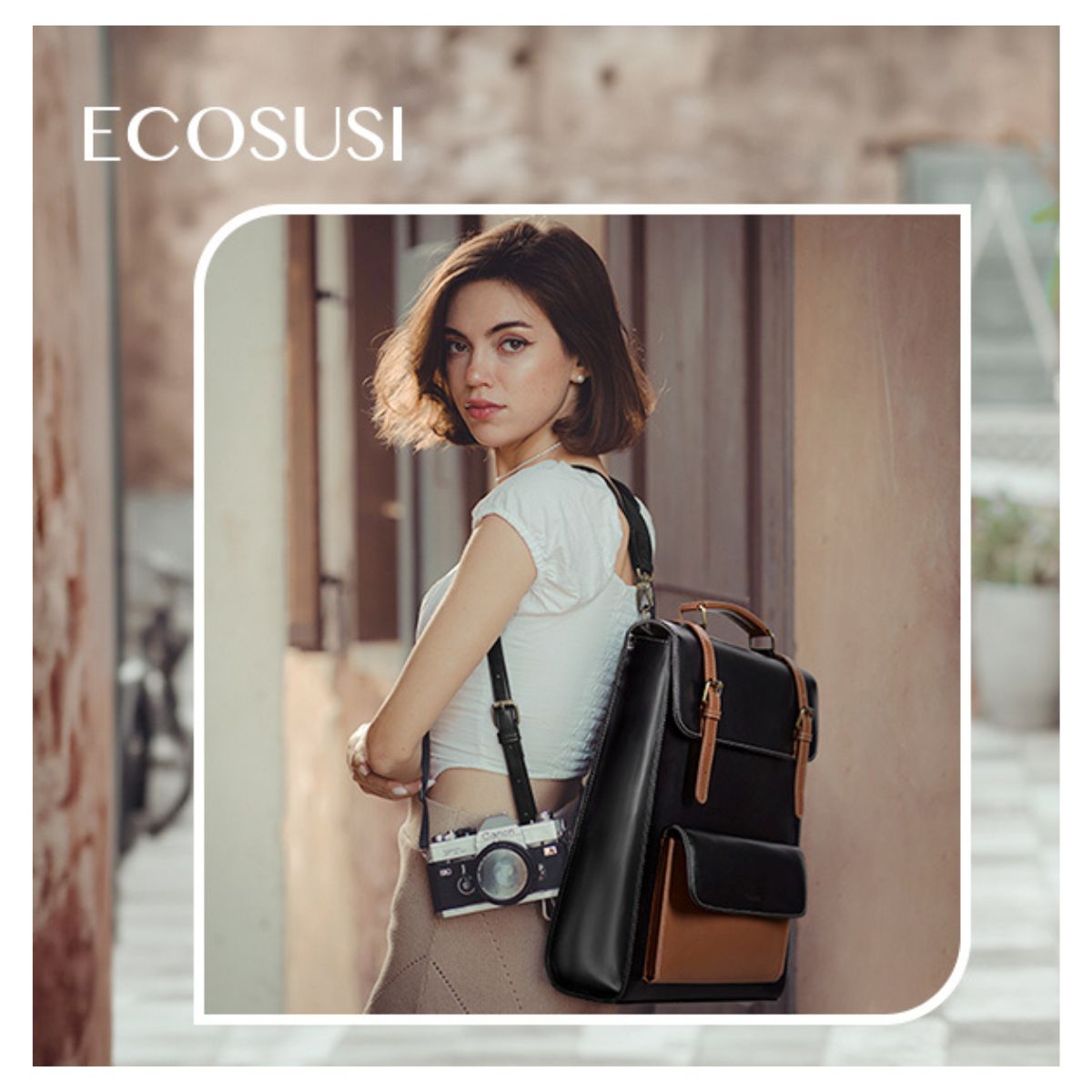 ECOSUSI MOCHILA VINTAGE CAMELLIA PARA NOTEBOOK 15,6' - NEGRO Y MARRÓN - 6