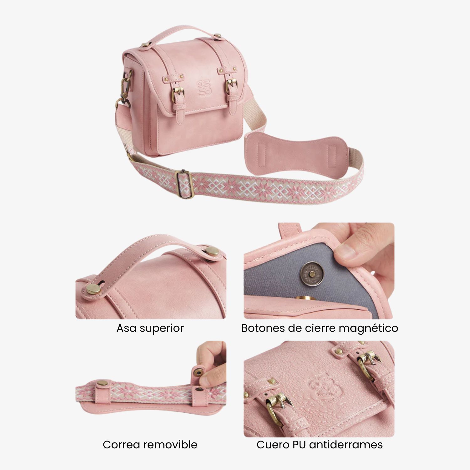 ECOSUSI BOLSO VINTAGE CLARA BANDOLERA PARA CAMARA COMPACTA ROSADO - 5