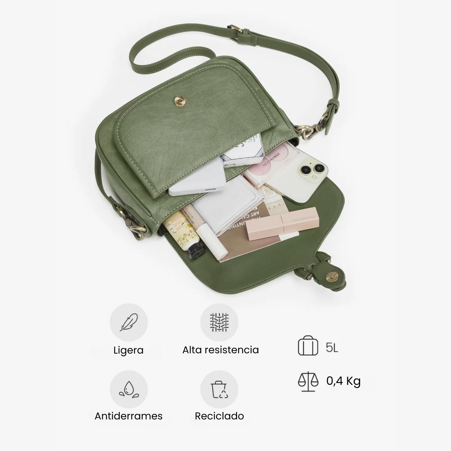 ECOSUSI CARTERA BANDOLERA EVELINA DE PAPEL LAVABLE ECOLOGICO VERDE OLIVO - 5