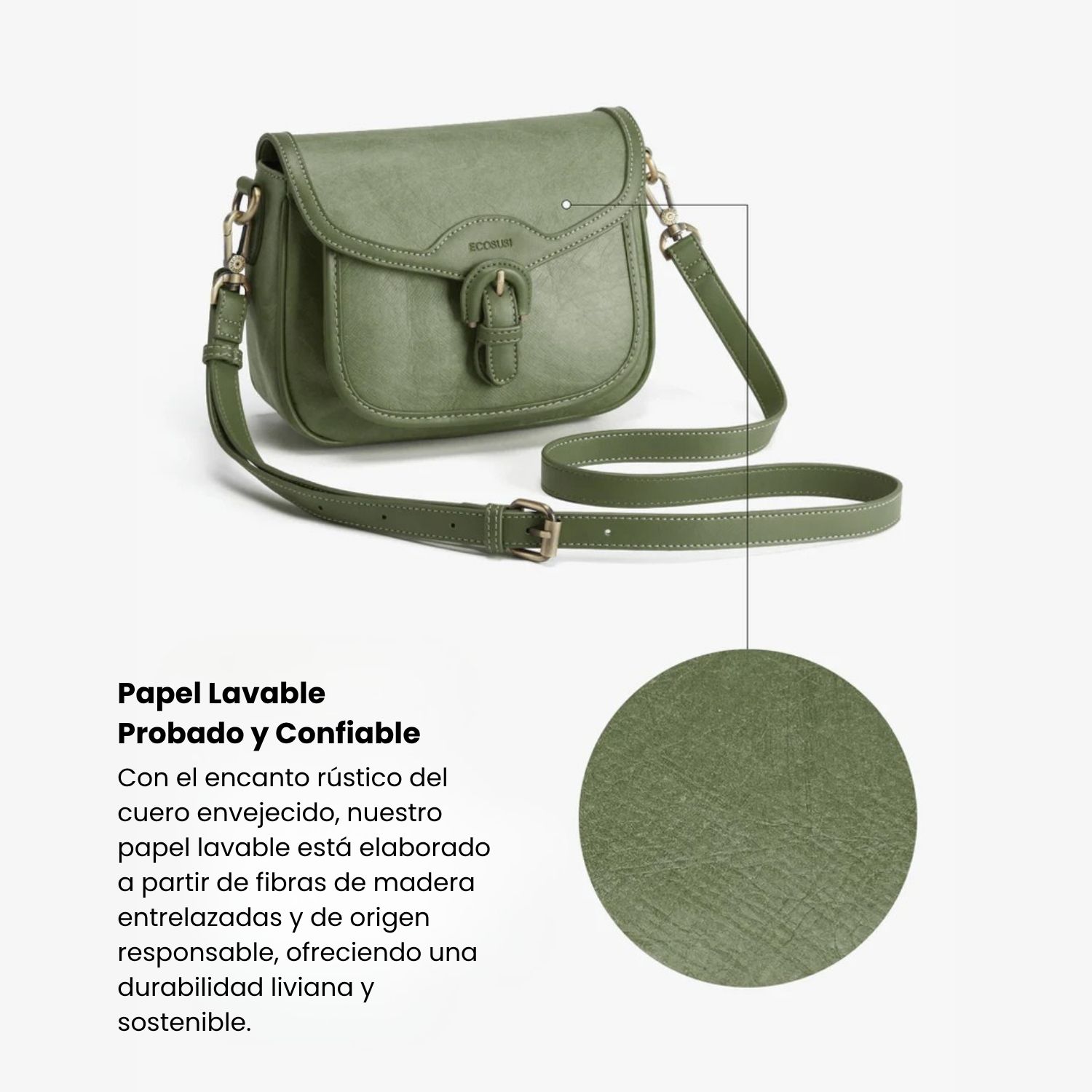 ECOSUSI CARTERA BANDOLERA EVELINA DE PAPEL LAVABLE ECOLOGICO VERDE OLIVO - 6